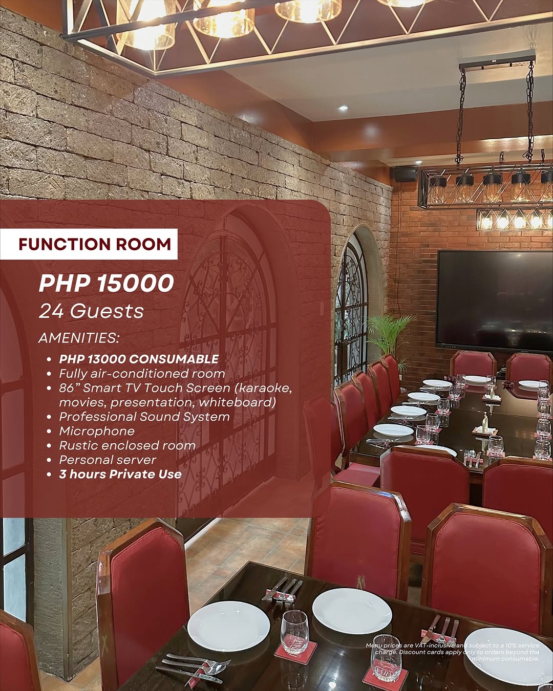 AMBAI Function Room with TV and red chairs for 24 guests